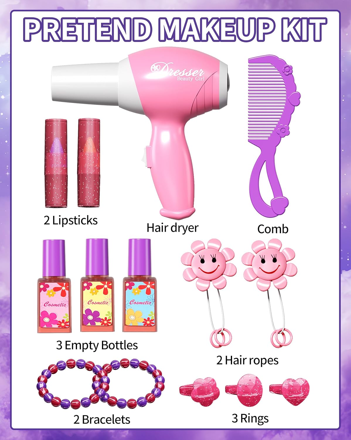 Kids Vanity Makeup Table with Mirror and Chair, Toddler Kids Makeup Vanity Table Set with Lights and Sound of Music, Toddler Vanity Girl Toys Set Includes Blowdryer and Makeup Kit image number 2