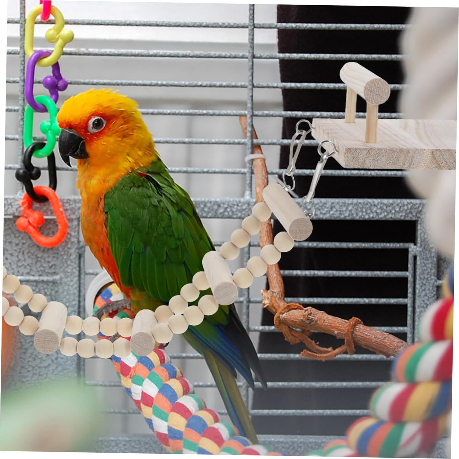 KOMBIUDA Wooden Parrot Perch Platform with Ladder Hanging Bird Plaything for Parakeets Cockatiels to Birds Smooth Safe Surface Stand Accessory image number 3