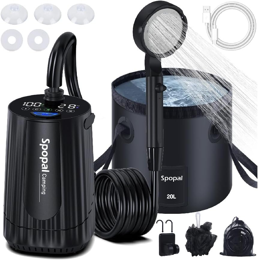 Portable Camping Shower, [10000Mah Long-Lasting] [Intelligent LED Display] Spopal Rechargeable Portable Shower Pump with 20L Water Bucket, 5 Speed Mode, for Camping, Travel, Hiking, Car & Pet Clean image number 4