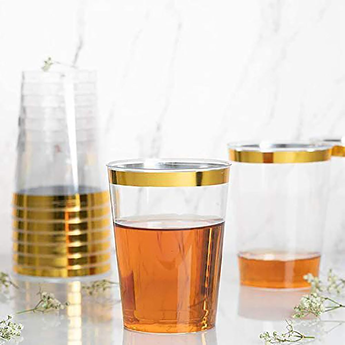 50 Pcs Plastic Tumbler Cups,10 OZ Clear Tumblers with Gold Rim,Reusable Elegant Party Cups for Holiday Gathering & Parties image number 1