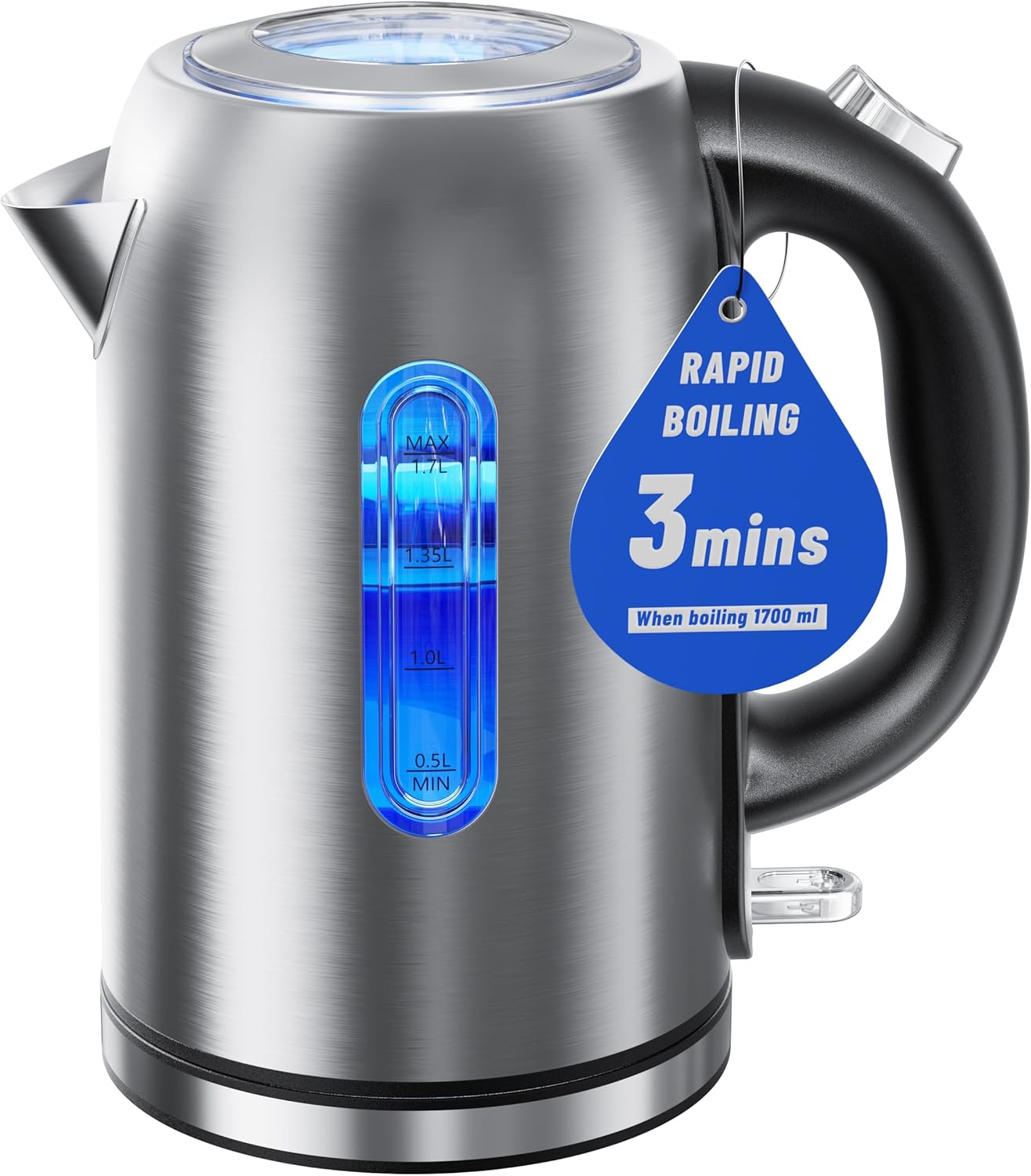 Billord Electric Kettle - 2200W Stainless Steel Kettle with No Plastic Filter & Spout, 1.7L Fast Boiling Water Kettles for Coffee & Tea with Detachable Base, Auto Shut-Off, Boil-Dry Protection image number 5
