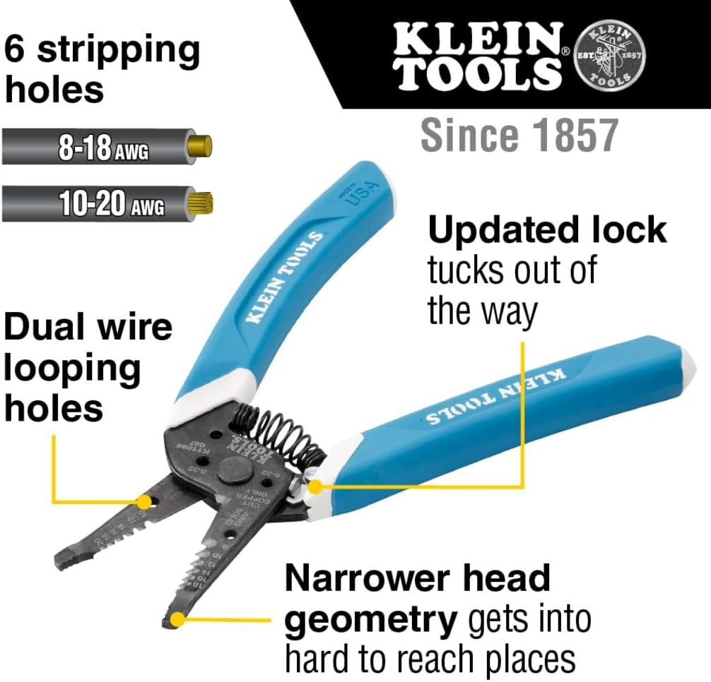 Klein Tools K11095 Klein-Kurve Wire Stripper and Cutter, for 8-18 AWG Solid and 10-20 AWG Stranded Wire,Blue/White image number 6