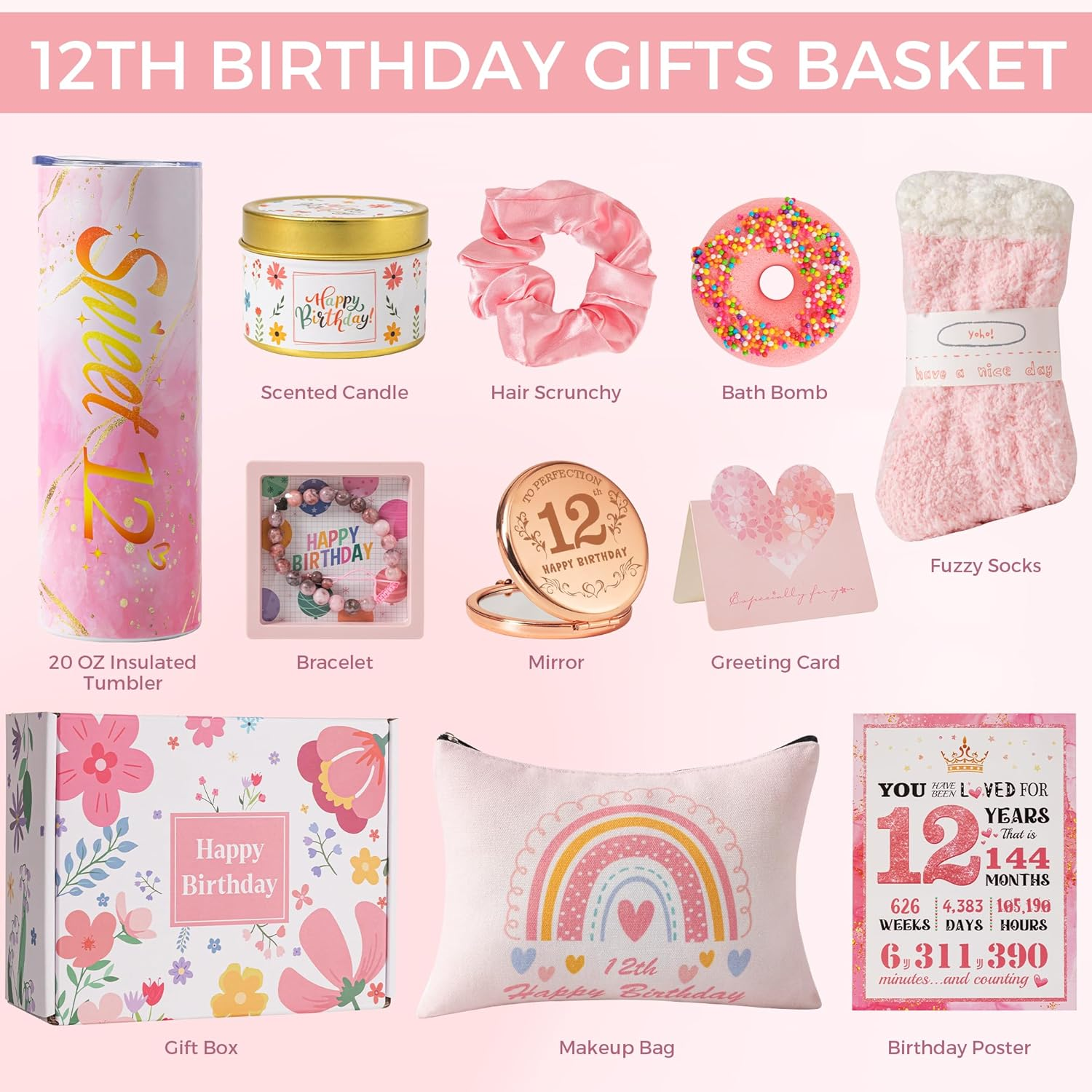 12Th Birthday Gifts for Girls,Best Gifts Basket Presents Ideas for Turning 12 Year Old Girls,Happy Sweet 12Th Birthday Pamper Hamper Box Kit for Sister Daughter Granddaughter Niece Teenage Teen Her