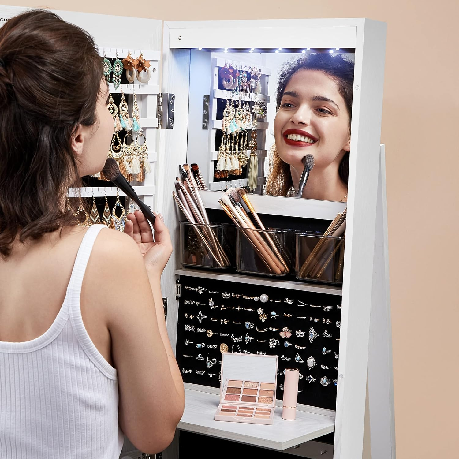 SONGMICS 6 Leds Lockable Mirror Jewelry Cabinet, 360&deg; Swivel Jewelry Organizer, Standing Jewelry Armoire, Frameless Full-Length Mirror, 3 Storage Shelves,White Surface, image number 4