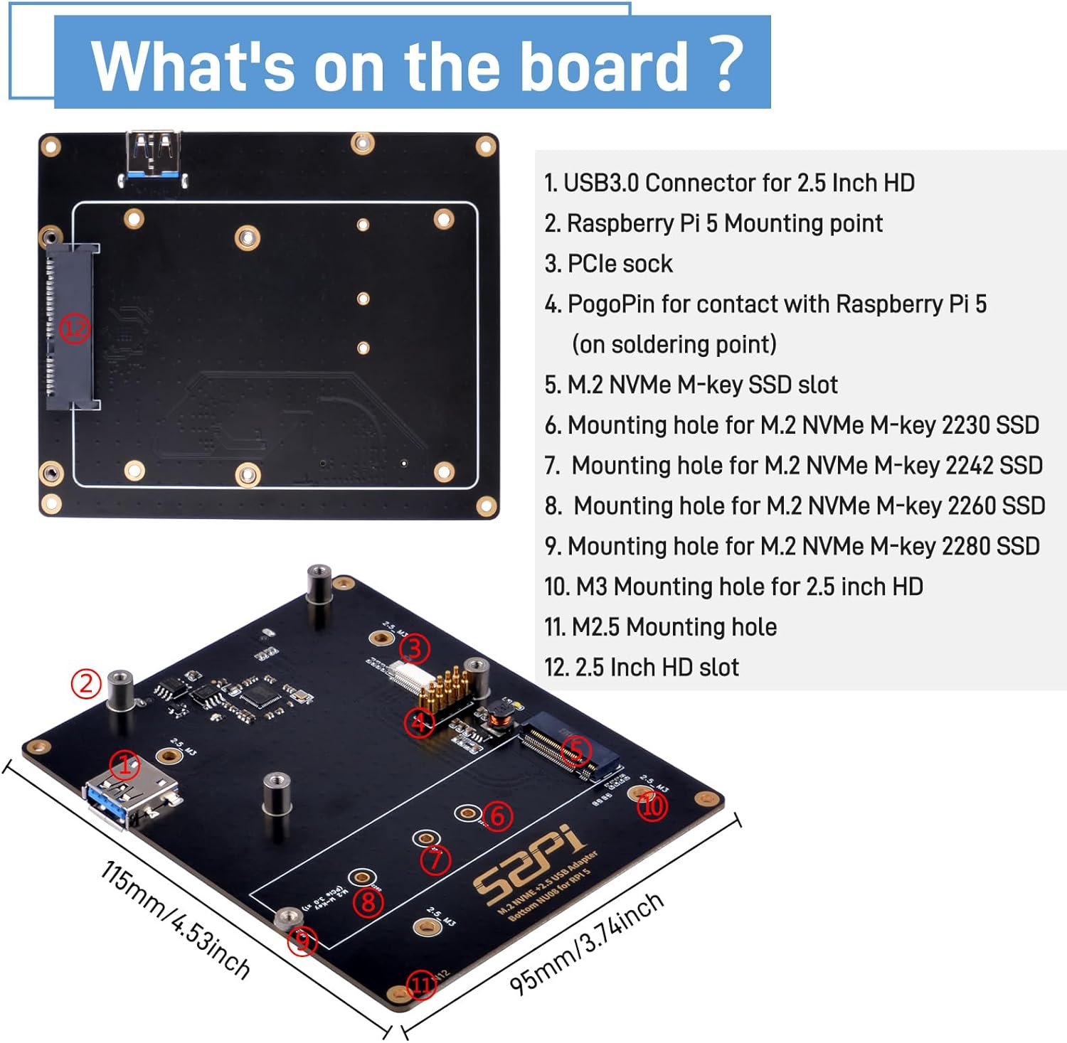 Geeekpi M.2 NVME 2.5 USB Adapter Bottom NU08 for Raspberry Pi 5 with USB 3.0 Connector image number 1