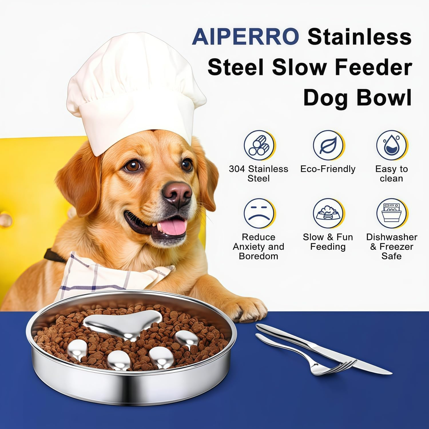 Aruie Slow Feeder Dog Bowls 304 Stainless Steel, 2 Cups Metal Food Bowls, Water Bowl for Small & Medium Sized Dogs, Fun Bloat Stop Pet Fast Eaters image number 2
