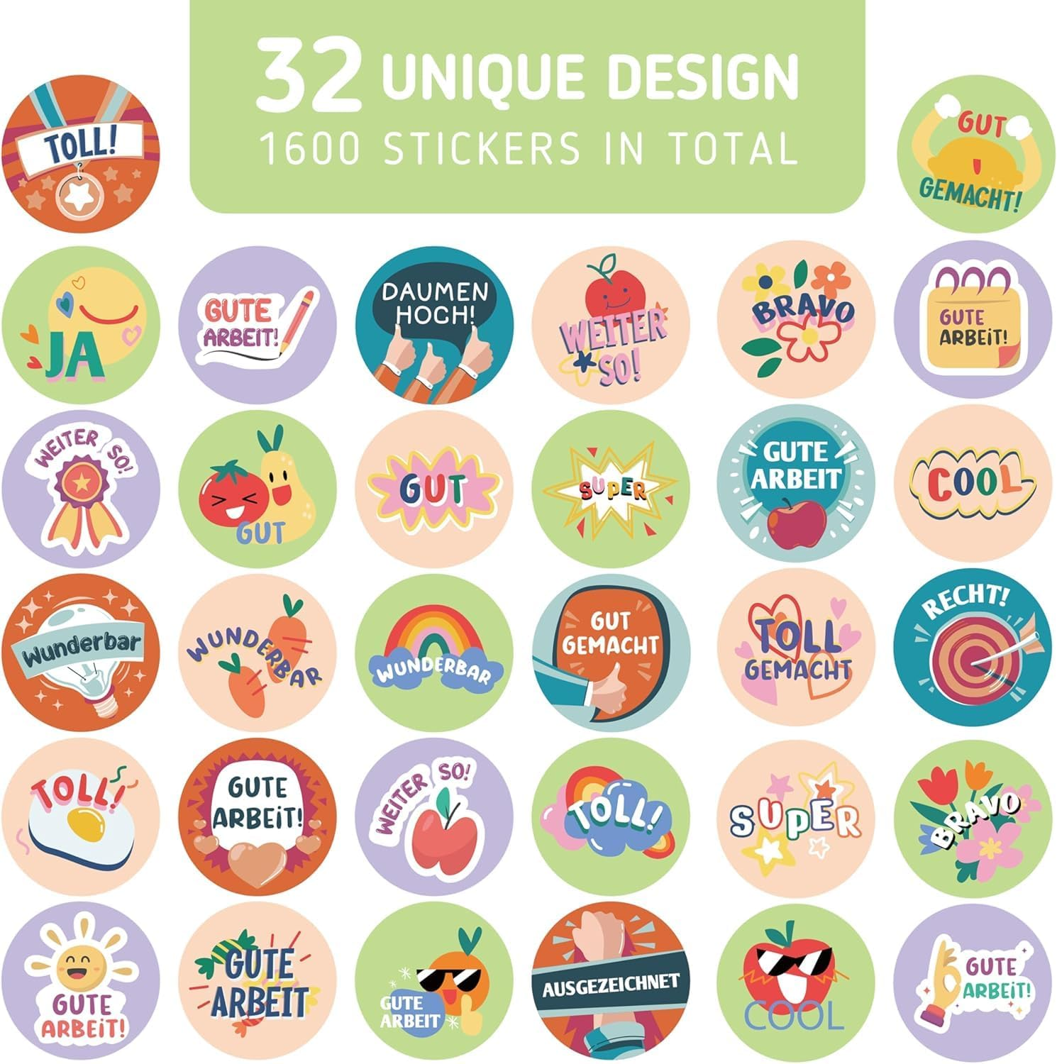 BIROYAL Pack of 1600 Reward Stickers, 25 Mm Motivational Stickers for Children, 32 Patterns Self-Adhesive Teacher Reward Stickers, German Reward Stickers for Teacher Supplies (Cartoon) image number 6