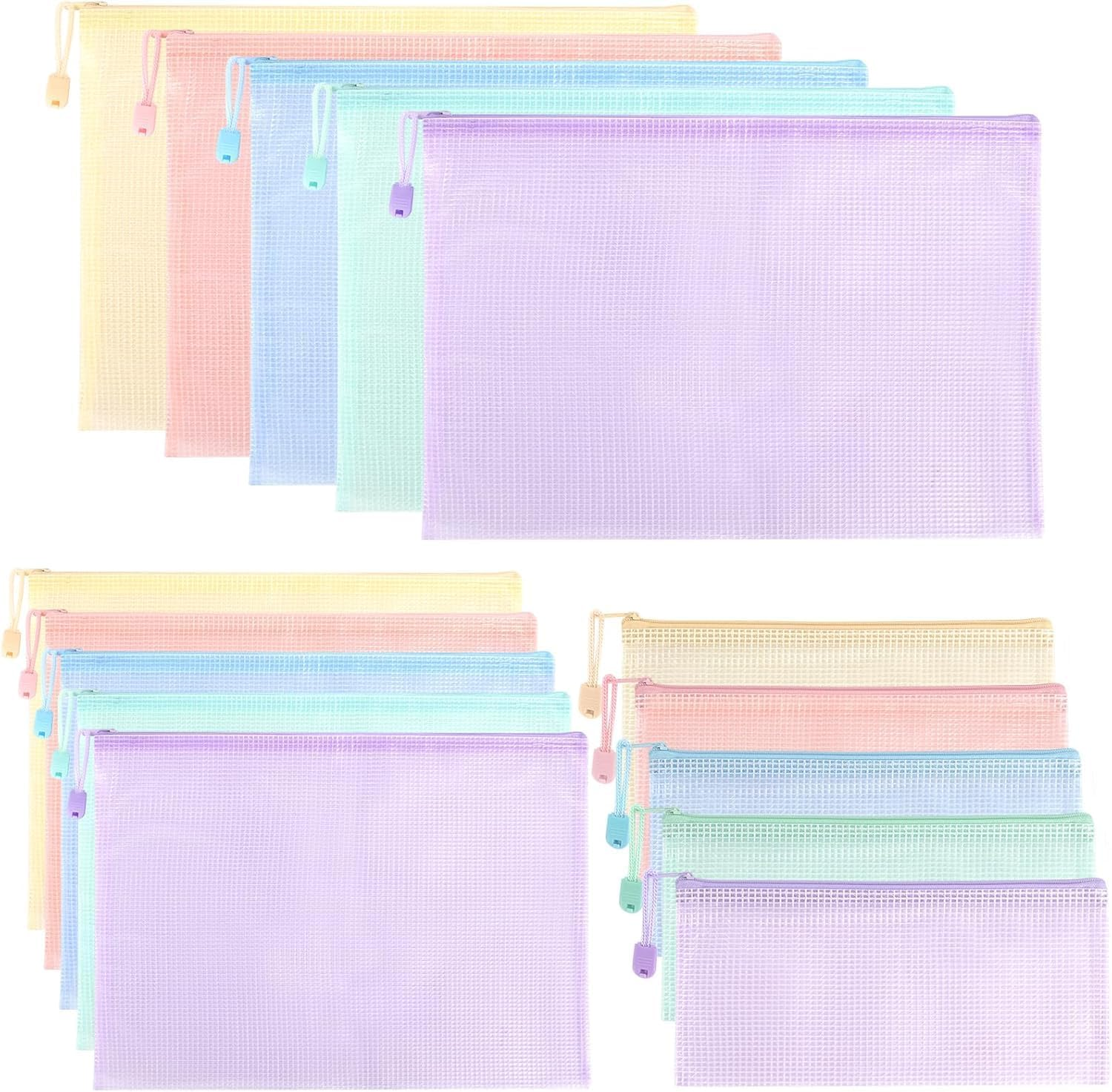 OSYLICT 15Pcs Mesh Zipper Pouch Bags,A4 A5 A6 Plastic Zip File Wallet Folders,Waterproof Clear Travel Document Storage Bag,5 Colors, Multipurpose for School Office Home Supplies image number 4