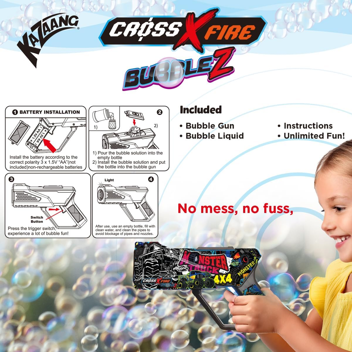 Kazaang Bubblez Bubble Gun - Kids Bubbles Gun with Large Capacity Tank - Battery Powered Automatic Bubble Blower Toy for Ages 3 and up - Monster Truck image number 2