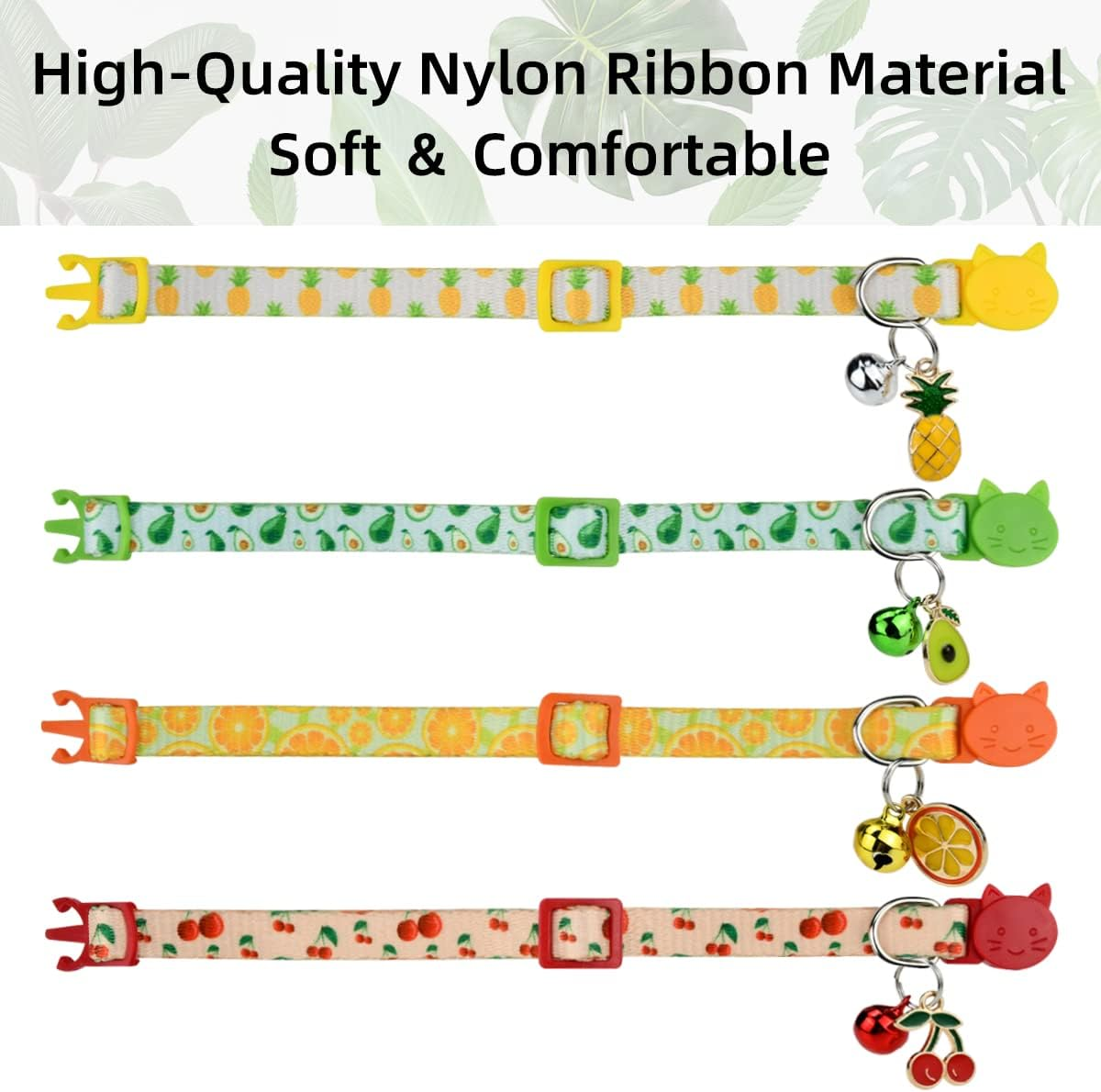 Cooshou 4Pcs Breakaway Cat Collars with Bells Kitten Collar Breakaway Friut Plaid Collar with Pineapple, Cherry, Lemon, Avocado Adjustable Collars for Female Girl Cats Male Boy Cats image number 1
