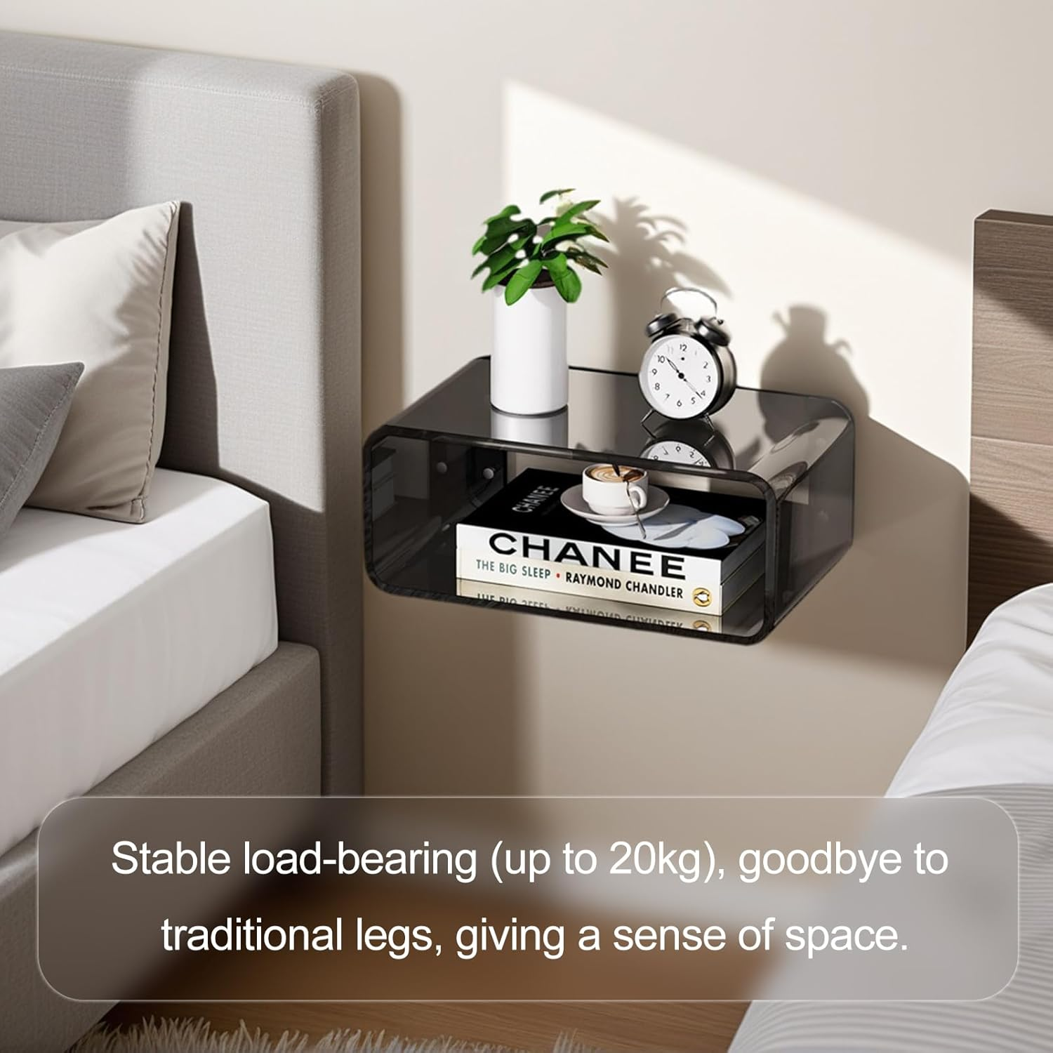 HOOMFIT Acrylic Floating Nightstand,Wall-Mounted Bedstead,Space-Saving Wll Mounted Bedside Shelf, Stylish & Durable for Bedroom,Home,Decor (45Cm, Clear) (White) - White image number 5