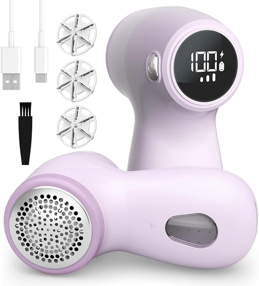 Sonicefit Fabric Shaver Lint Remover, Rechargeable Sweater Defuzzer with 6-Leaf Blades, 3-Speed Lint Shaver with LED Display, Bobble Remover Debobbler for Clothes Sofa Blanket, Safety Lock (Purple)