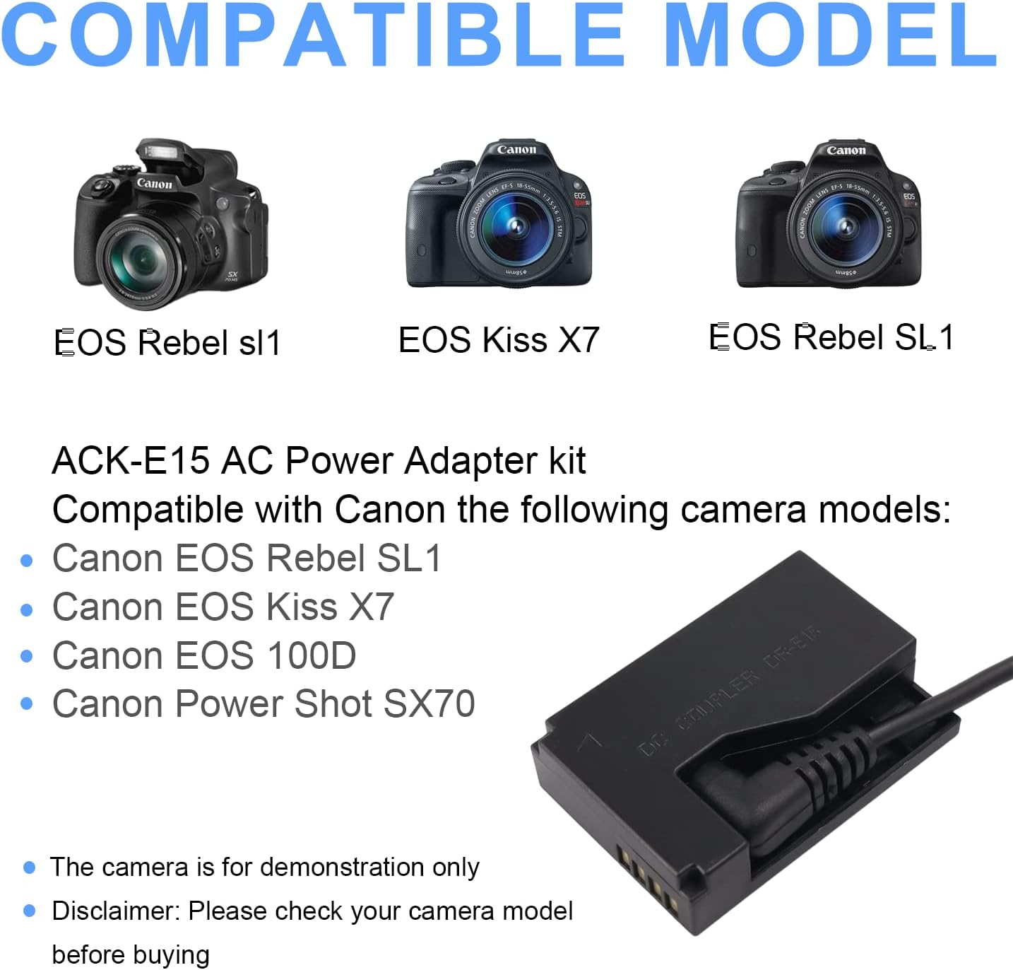 KWTOUL ACK-E15 AC Power Adapter DR-E15 DC Coupler Dummy Battery Kit Compatible with Canon EOS Rebel SL1, 100D EOS Kiss X7 DSLR Powershot SX70 HS Camera image number 2