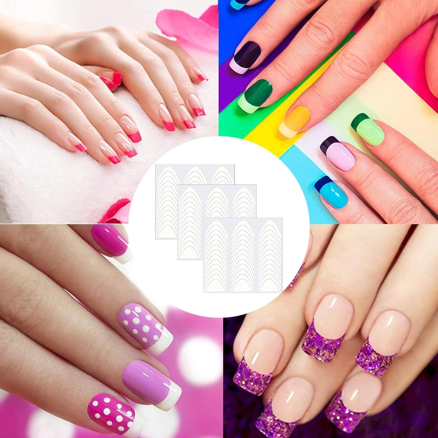 Jiimhte French Tip Nail Stickers,French Manicure Nail Strips 1368 Stickers | Decoration Stencil Tools French Manicure Strips Nail Stickers with Three Arc Moon Shapes for Salons image number 2