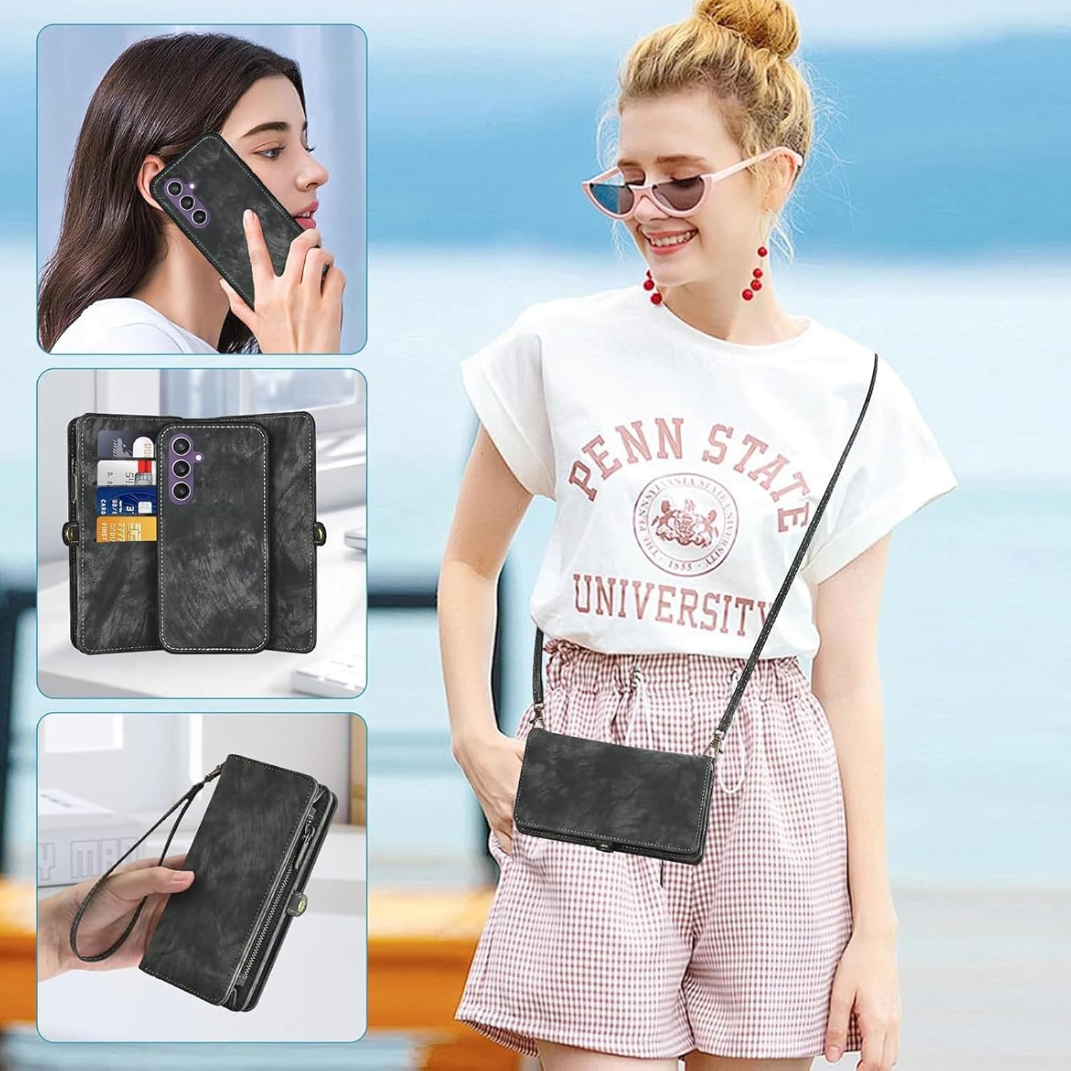 Asuwish Mobile Phone Case for Samsung Galaxy S23 FE 5G Case with Strap Film Protective Film Card Slot Foldable Leather Flowers Wallet Stand S 23 S23FE 23FE Cases Protective Tempered Glass Screen - Black image number 3