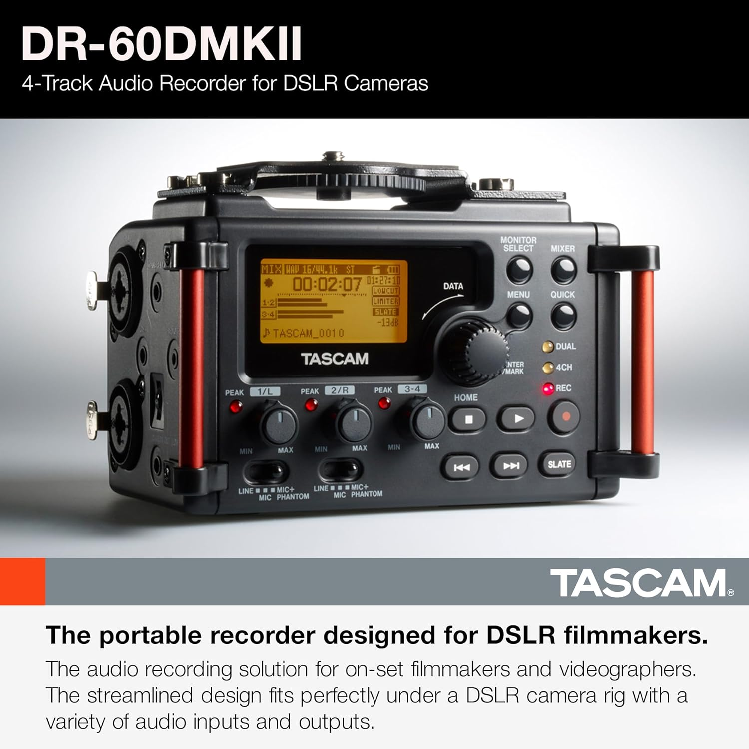 Tascam DR-60DMK2 Tascam 4-Track Recorder/Mixer for DSLR Filmmakers Black 3.67 X 5.24 X 3.07 Inches image number 3