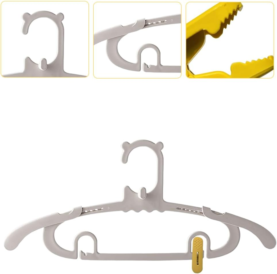 MOTRAIN 20Pcs Adjustable Non-Slip Space-Saving Hangers with Clips for Baby Kids Clothes, Trousers, Skirts, Coats and Pants, 20 Gray Hangers + Yellow 10 Clips image number 5