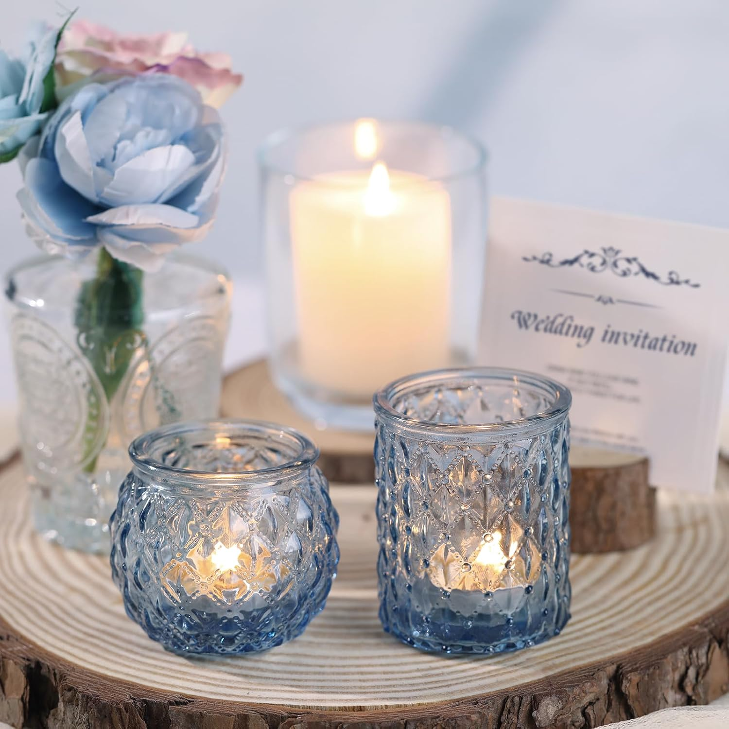 DARJEN Blue Glass Votive Candle Holders Set of 24 - round Tea Lights for Wedding, Shower, Party & Gift
