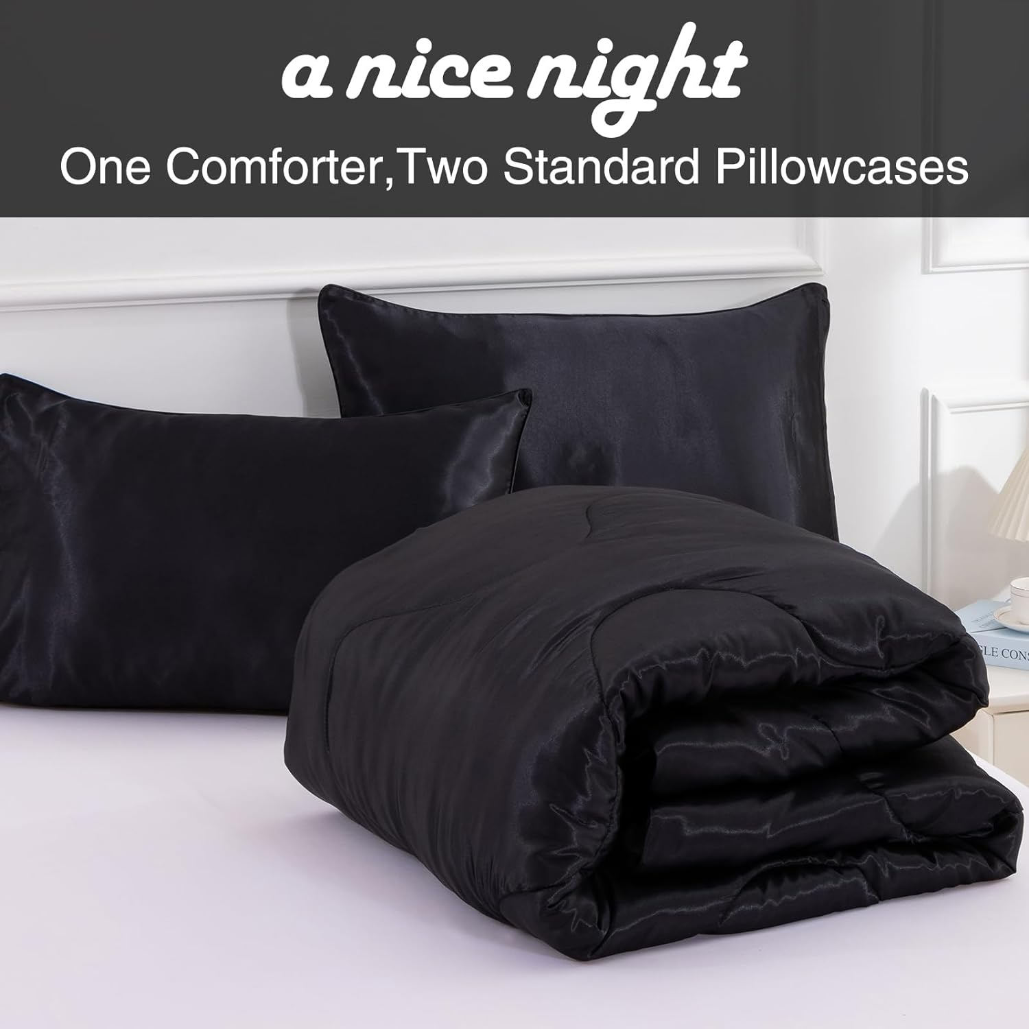 A Nice Night Satin Silky Soft Quilt Luxury Super Soft Microfiber Bedding Thin Comforter Set Full/Queen, Light Weighted (Black, Queen(88-By-88-Inches)) image number 1