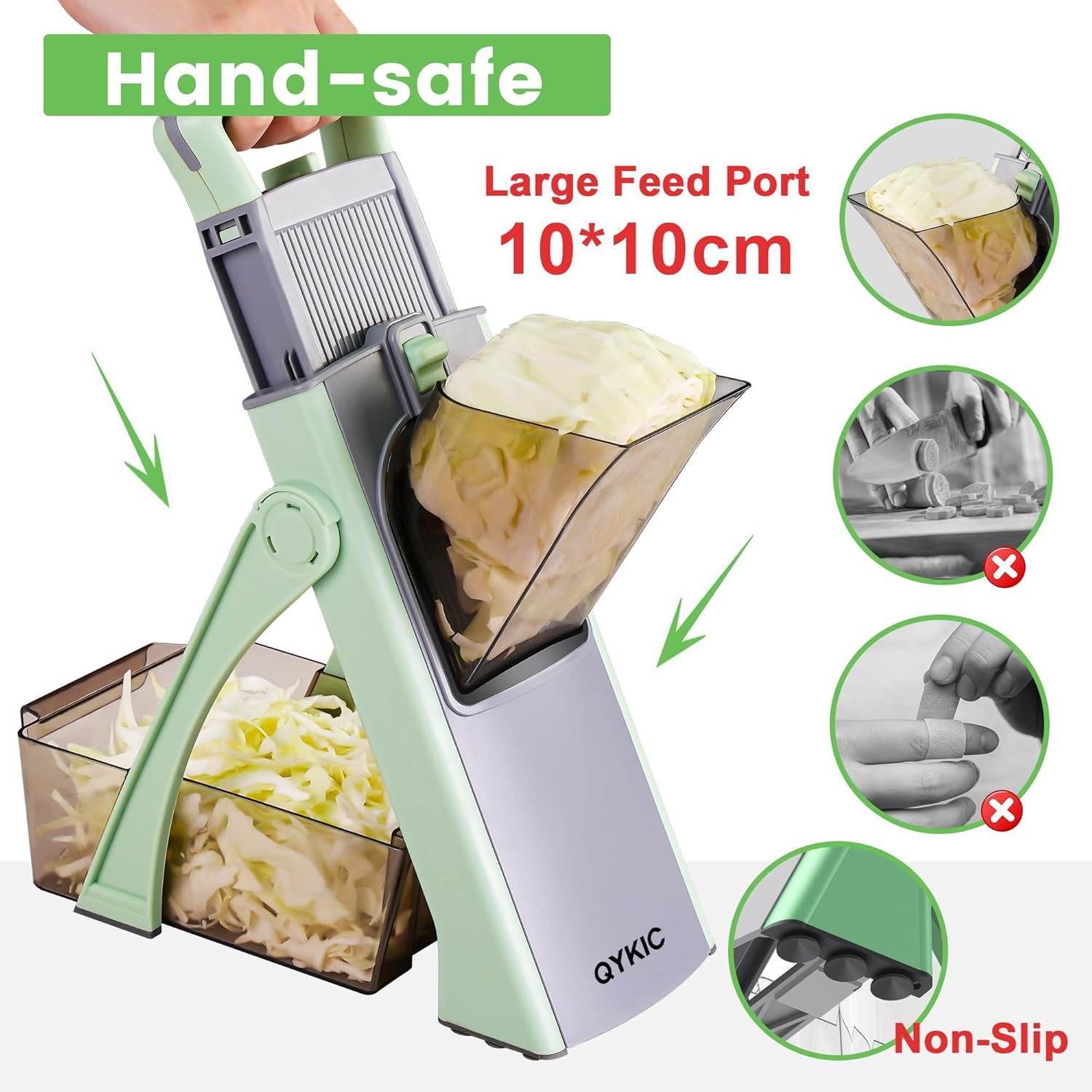 QYKIC Upgrade Safe Mandoline Slicer for Kitchen, Chopper Vegetable Cutter, Potato Slicer Thickness Adjuster, French Fry Cutter, Veggie Dicer Faster Kitchen Mandolin for Meal Prep Green image number 5