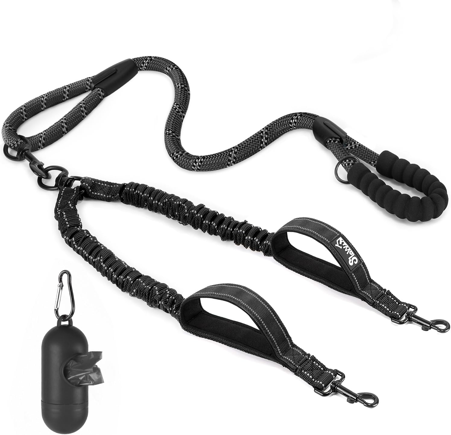 Slowton Double Dog Lead with Extra Handle- 360&deg; Swivel Heavy Duty Reflective Double Dog Lead for Walking 2 Dogs No Tangle Dual Dog Splitter Dog Leash for Small Medium Dogs Walking (Black, Large) image number 1