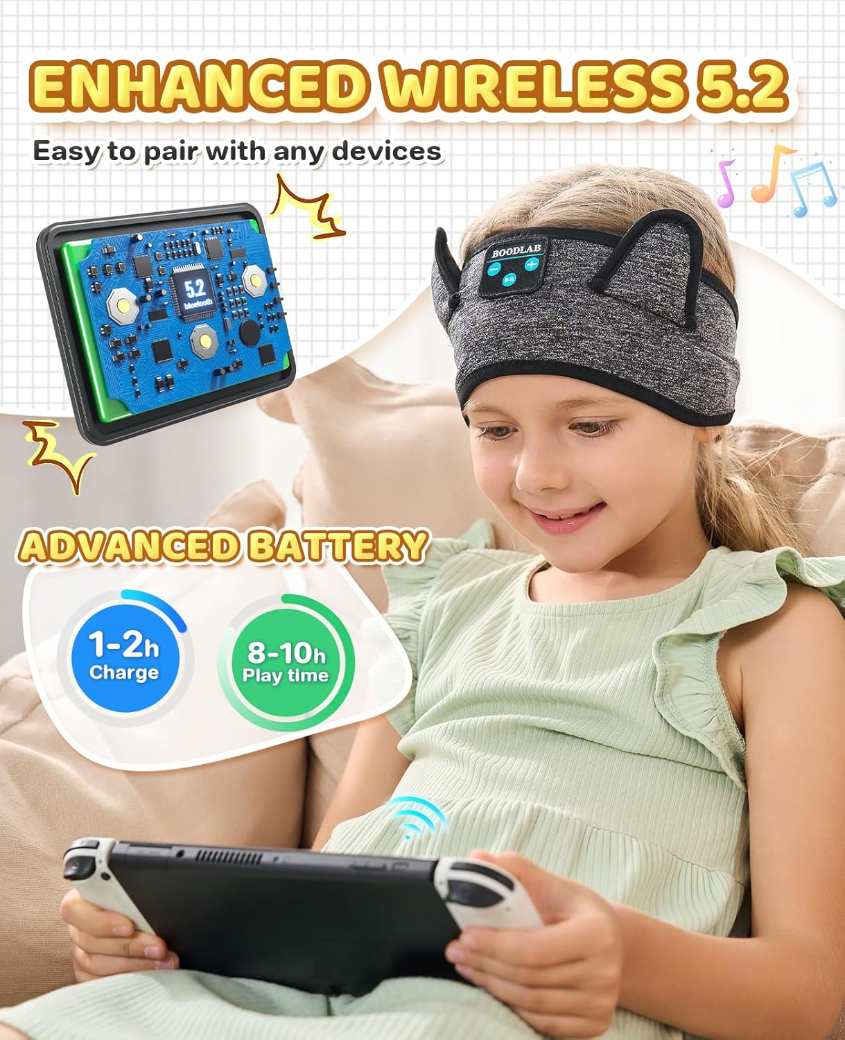 Kids Headband Headphones-Toddler Wireless Bluetooth Headphones with Safe Volume, Wired 3.5Mm Jack, Adjustable Sleep Headband-For School/Airplane Travel/Tablet/Kindle, with Travel Bag - Boys & Girls