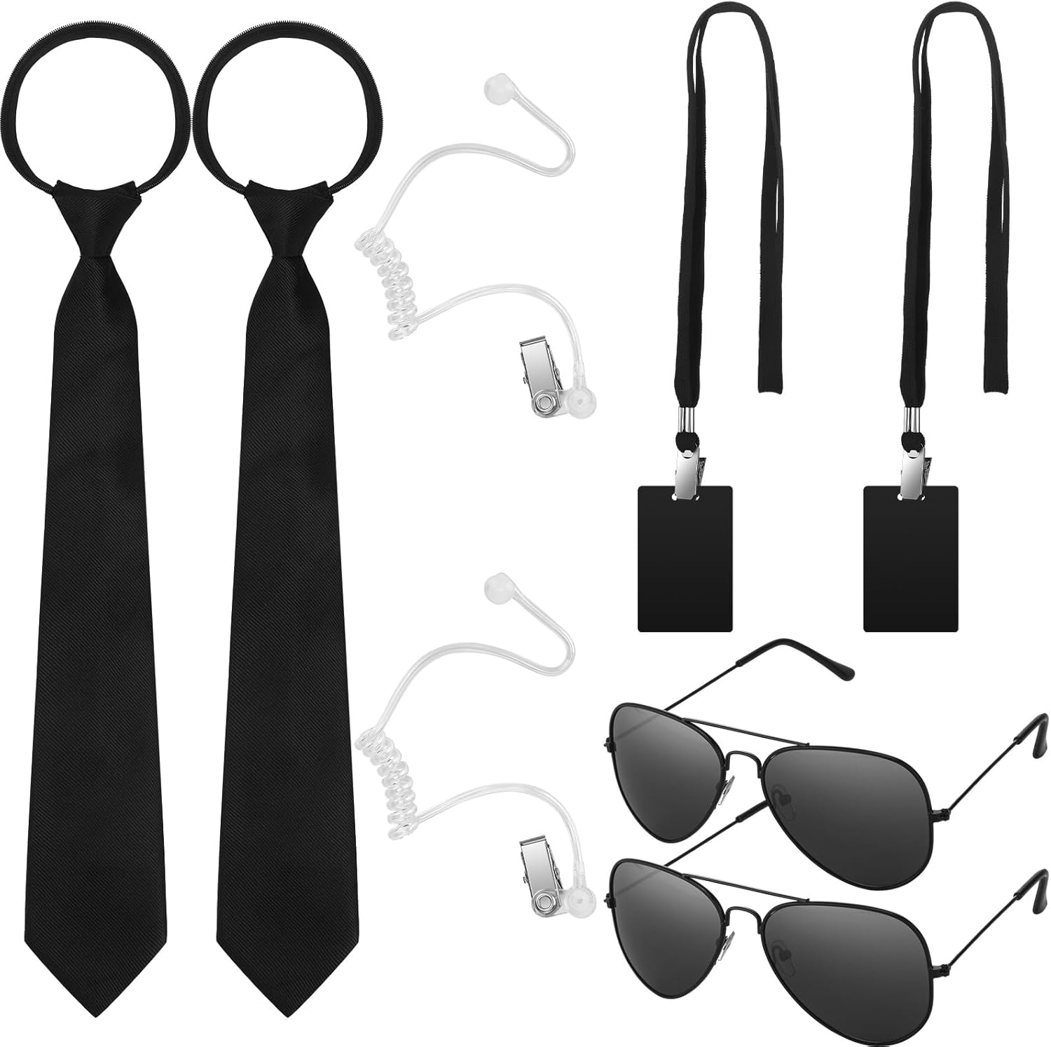 Mepase Set of 10 Agent Costume Accessory Kit Secret Security Guard Costume Adjustable Pretied Zipper Tie Black Sunglasses ID Badge Prop Earpiece for Men Halloween Party Cosplay Game, as Shown in The image number 4