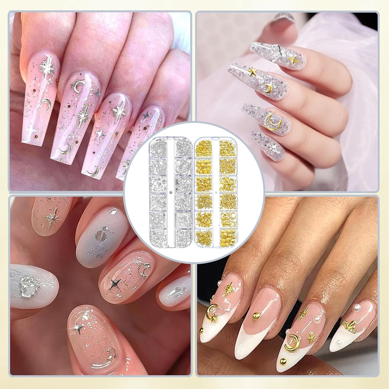 Jotia 2 Boxes Gold Silver Nail Charms, Star Moon Sun Nail Jewelry Decorations Nail Art Rhinestones for Women Girls DIY Manicures Crafting Decoration image number 3