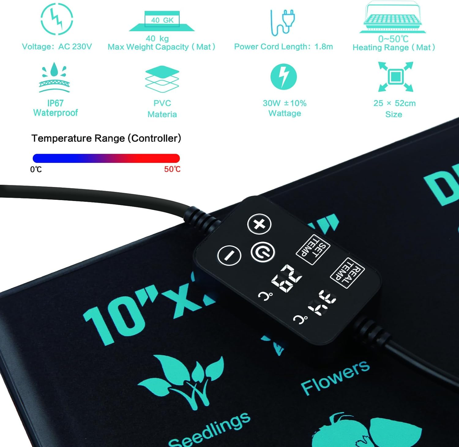30W Seedling Heat Mat with Thermostat Control 52X25Cm Heating Pad Waterproof for Plant Germination Hydroponics Indoor Seed Starting Digital Thermostat Control Monitor Indoor Thermometer image number 6