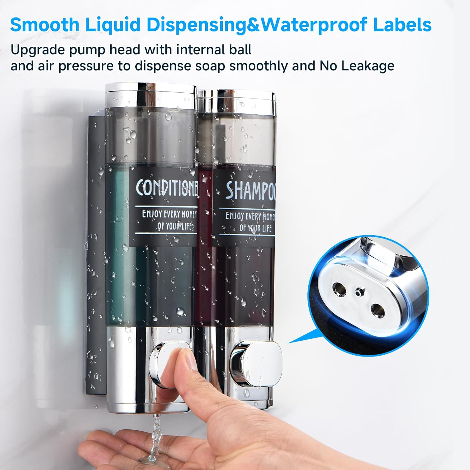 Shampoo and Conditioner Dispenser,Glintgath Shower Dispenser 2 Chamber No Drill Shampoo Dispenser for Shower Wall Mounted Shower Soap Dispenser for Bathroom Hotel,2 * 300Ml,Chrome image number 4