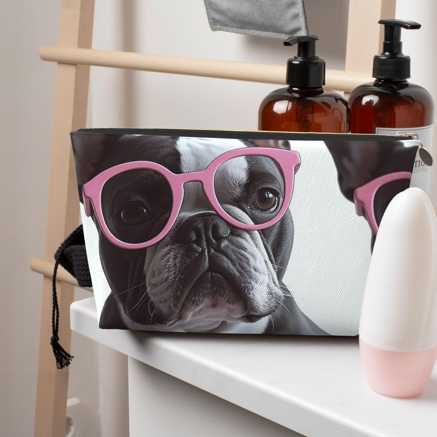 SDTYKHJ Large Capacity Makeup Bag for Women, Waterproof Portable Shaving Bag, Small Toiletry Bag, French Bulldog Glasses, Leather Cosmetic Organizer Bags for Travel, Gold, One Size image number 6