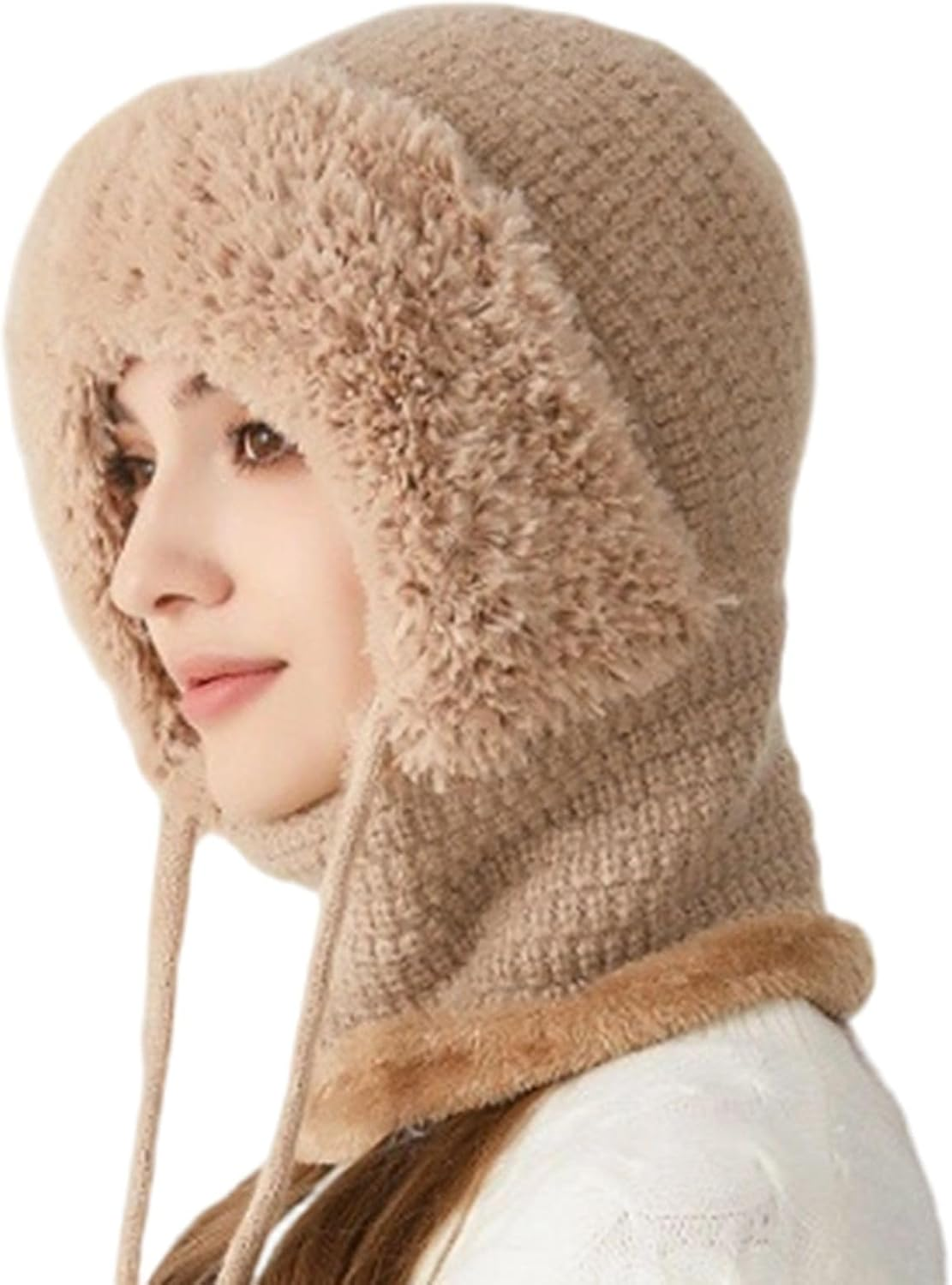 3 In1 Beanie Hat with Scarf and Face Cover - Winter Balaclava | Fall Winter Warm Knitted Windproof Beanie with Thick Soft Fleece Lining | One-Piece Hood Ski Maskes for Hiking, Travel, Skiing, Cycling - Creamy image number 2