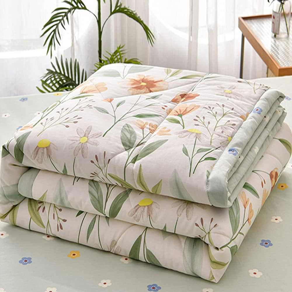 Chickwin Quilted Bedspread for Double Size, 200X230Cm Green Daisy Floral Printed Pattern Bedding Coverlets Lightweight Summer Bed Throws Comforter Soft Luxury Sofa Blanket for All Season
