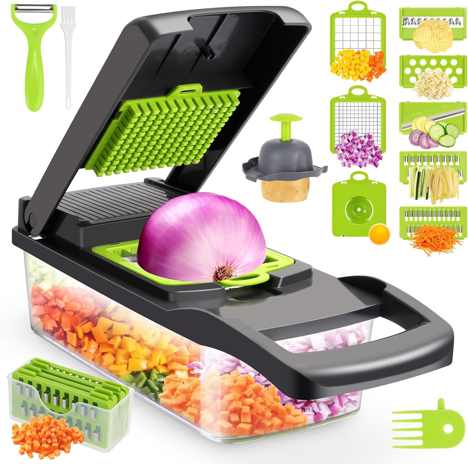 Senbowe Vegetable Chopper, Multifunctional 16-In-1 Food Choppers Onion Chopper Vegetable Slicer Cutter Dicer Veggie Chopper with 8 Blades,Colander Basket,Container for Salad Potato Carrot Garlic