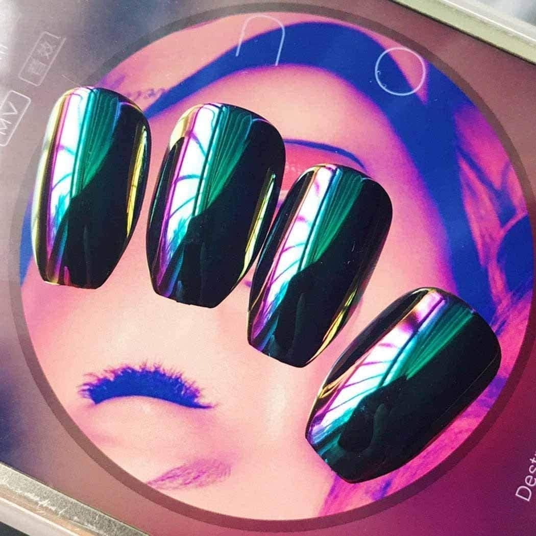 24Pcs Fake Nails Full Cover Metallic Mirror Effect Coffin Blue Purple Nail for Home Beauty Salon image number 1