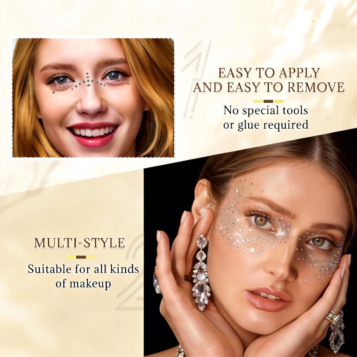 BOROLA 3 Pack Face Gems Rhinestone Stickers Self Adhesive Teardrop, Star & Diamond Shape for Eye Makeup, Face Body Jewels and Nail Art Festival, Stage, Party with Tweezers