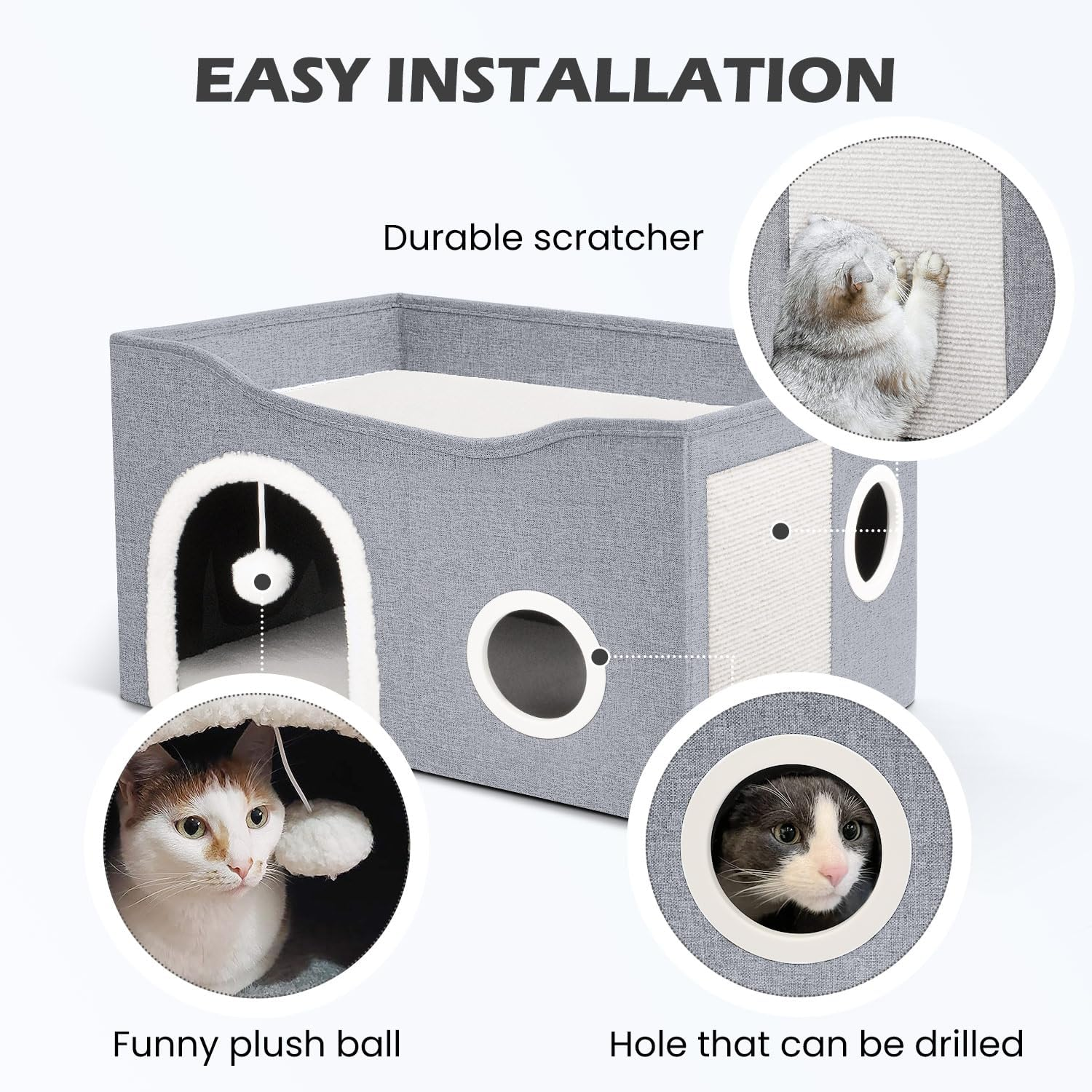 Heeyoo Cat House for Indoor Pets - Large Bed Cave with Fluffy Ball and Scratch Pad, Foldable Condos, Cubes, Hideaway, Covered Bed image number 5