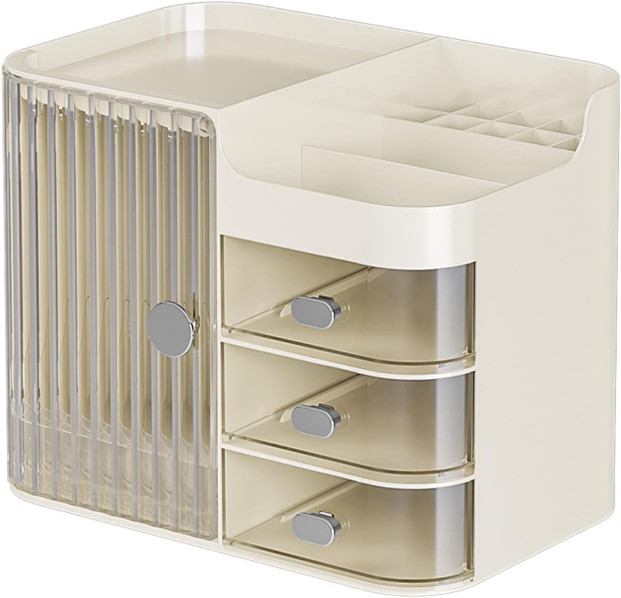 Shengsenfu Makeup Organizers for Vanity, Large Capacity Desk Organizers for Cosmetics with Drawers and Mirror, Cosmetics Display Case with Transparent Cover, Countertop Organizer for Vanity (White)