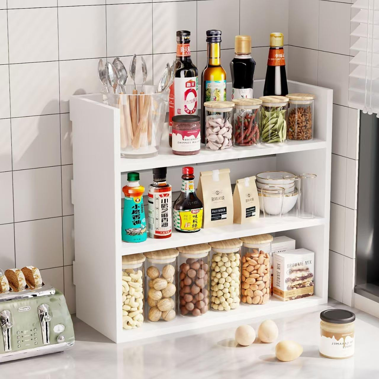 Hbluefat 3-Tier Desktop Bookshelf, Small Wood Countertop Bookcase Desk Organizer Literature CD Photo Display Storage Rack for Home Office (White) - Wood image number 6