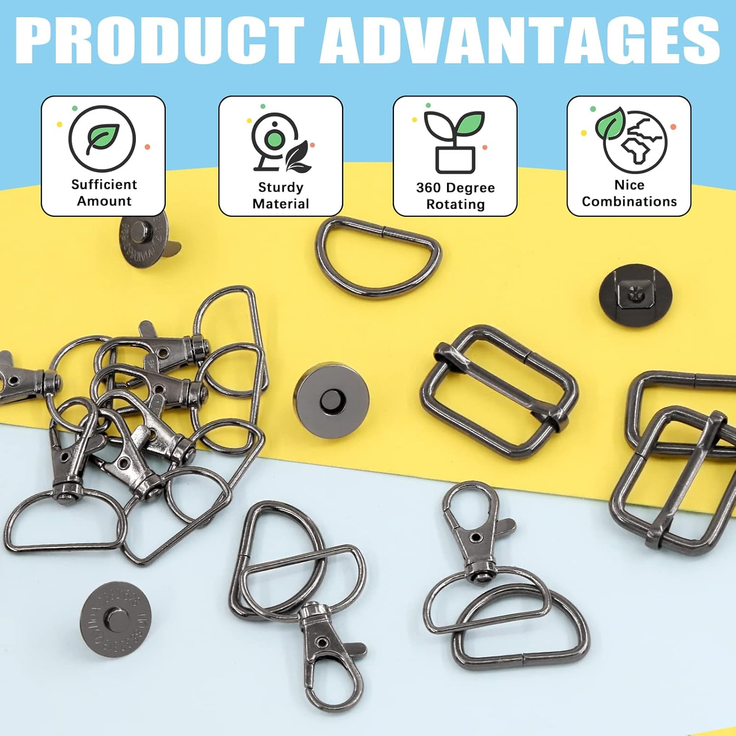 Mardatt 100 PCS 3 Colors Hardware Buckles Kit Including D-Ring, Triangle Slide Square Rings Magnetic Snap Swivel Clasp Hooks, Black image number 2