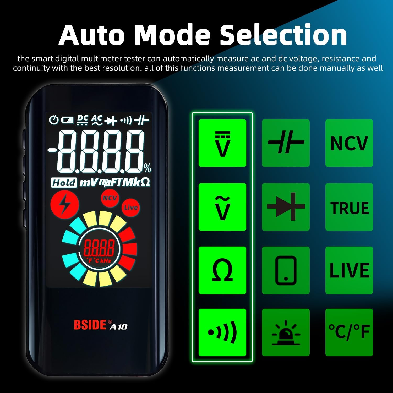 BSIDE Digital Multimeter, Rechargeable with Color LCD, 3 Results Display 6000 Counts Pocket Smart Voltmeter Capacitance Diode Ohm Hz Duty Cycle V-Alert Live Check Voltage Tester, Black, Pocket Size image number 3