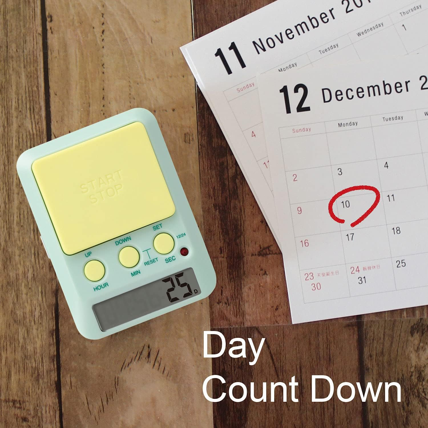 Dretec Learning Timer, for Studying, Large Button, Count Function until the Target Date, Green, Yellow, Officially Tested in Japan(1 Starter AAA Battery Included) Functions - Pink image number 3