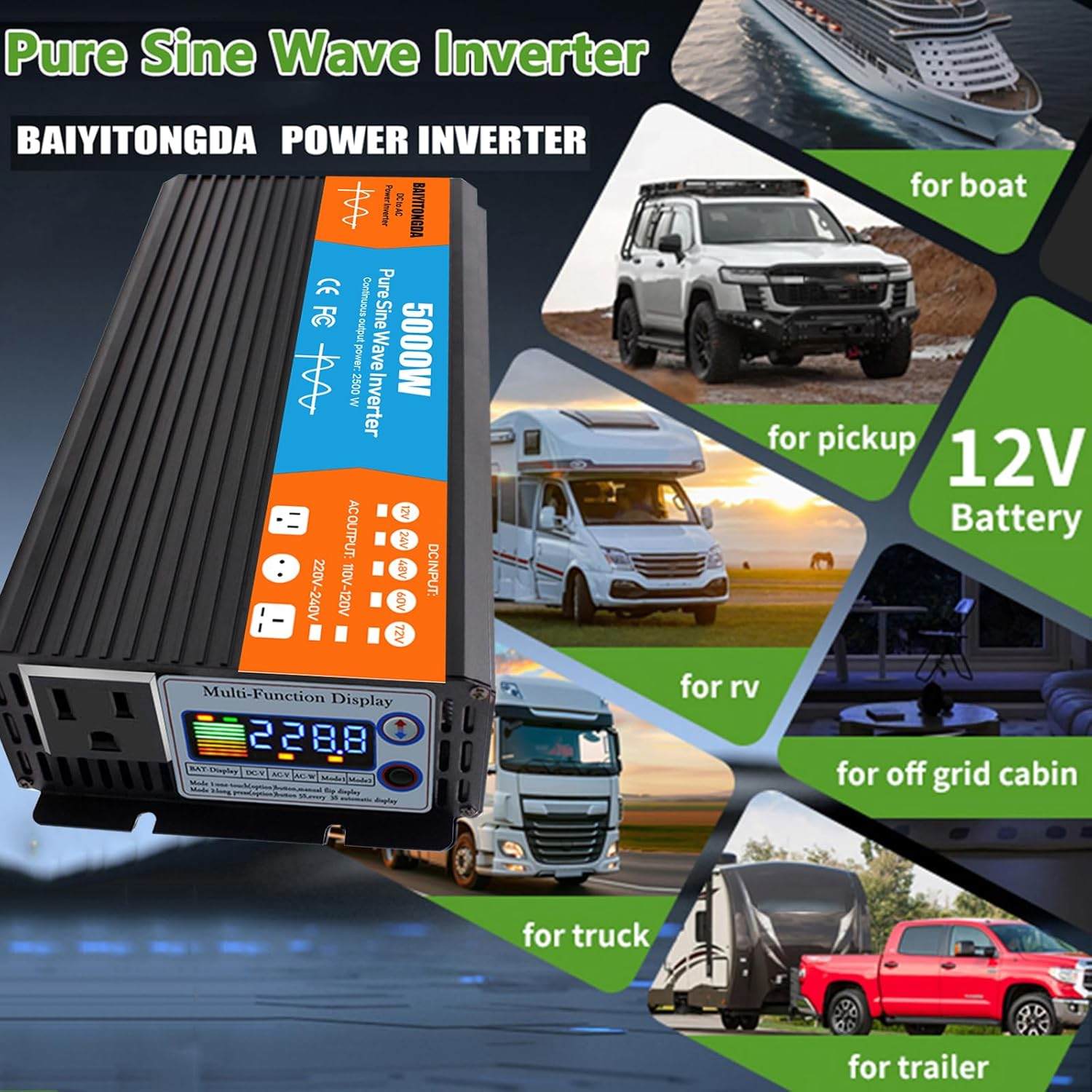 5000W DC 12V/24V/48V/60V/72V Pure Sine Wave Inverter Charger DC Input AC Output 120V/240V Low Frequency Solar Power Inverter Converter,72V to 220V image number 2