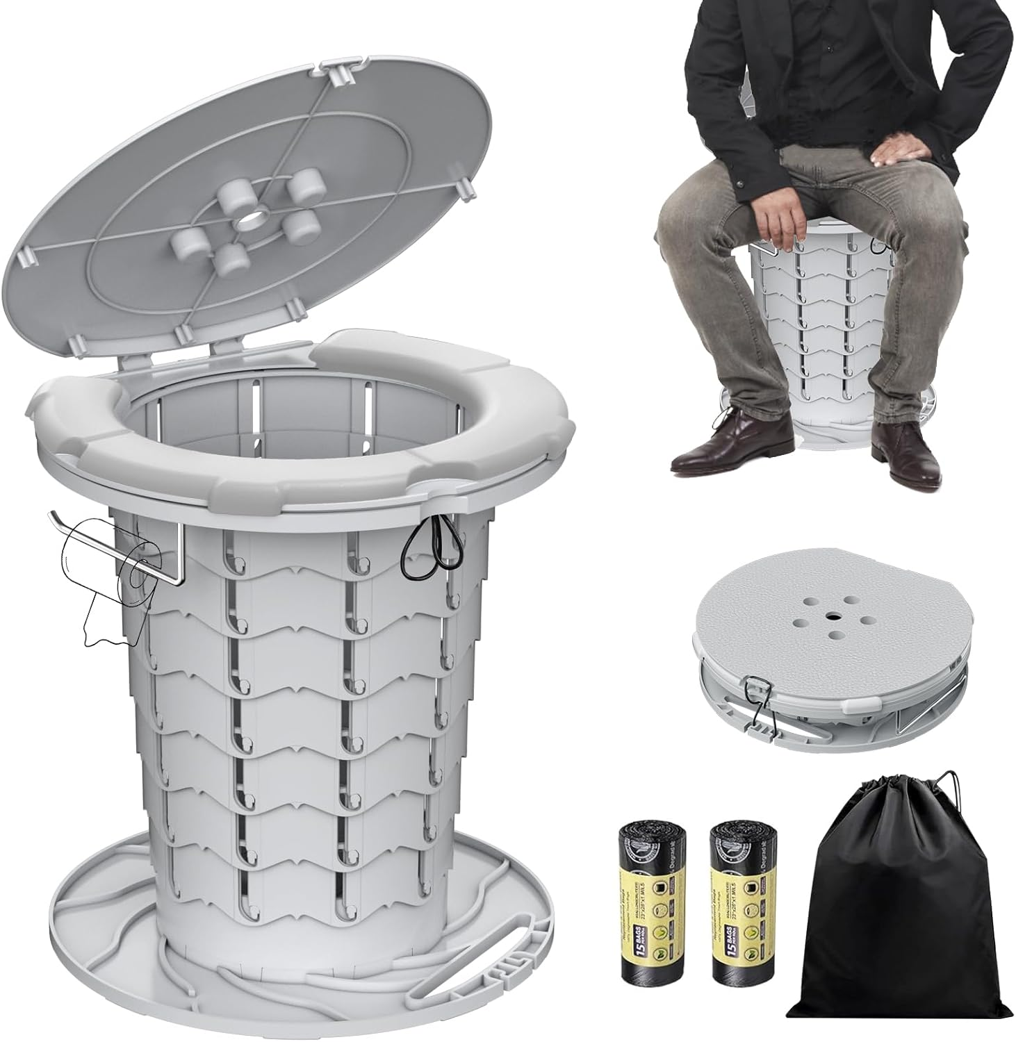 BLIKA Upgraded Portable Toilet with Cushioned Seat, 300LBS Weight Capacity Retractable Toilet, Adjustable Height & Paper Holder, Compact Folding Design for Camping, Car, RV, Outdoor Travel (Gray) image number 3