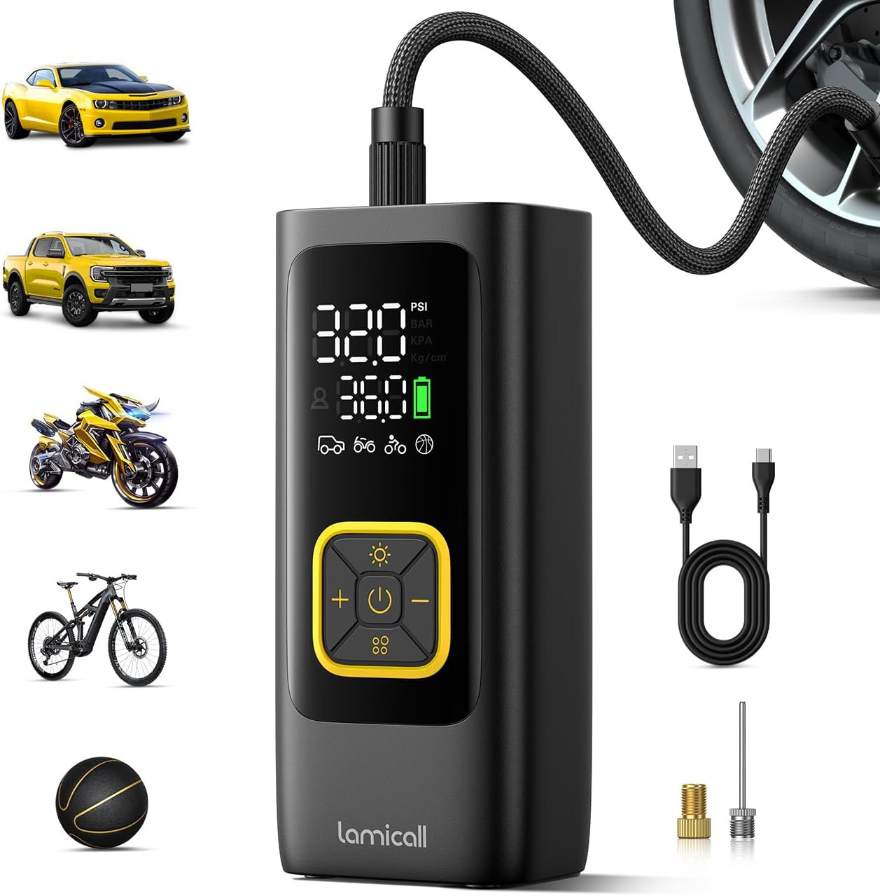 Tire Inflator Portable Air Compressor - Lamicall 150 PSI Cordless Car Air Tire Pump, Rechargeable Fast Inflate, Electric Bike Pump, Digital Pressure Gauge, LED Light, for Auto Motorcycle Ball