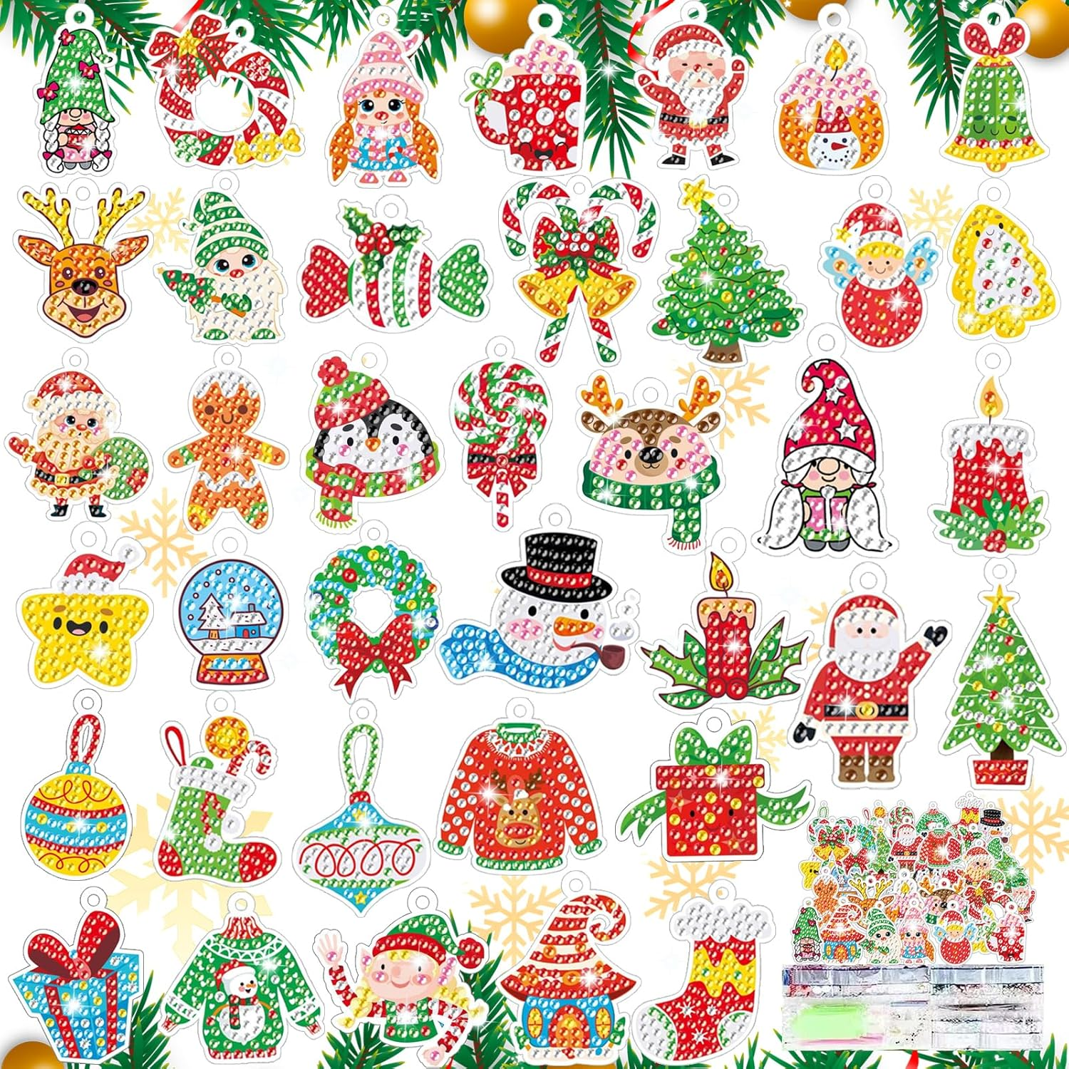Christmas Diamond Art Painting Pendant, ACSAUMMY 38Pcs 5D Diamond Dots Painting Cards Pictures Kids Diamond Art Dots DIY Diamond Kits Gem Art Craft for Christmas Tree Xmas Accessories Party Xmas Decor image number 2