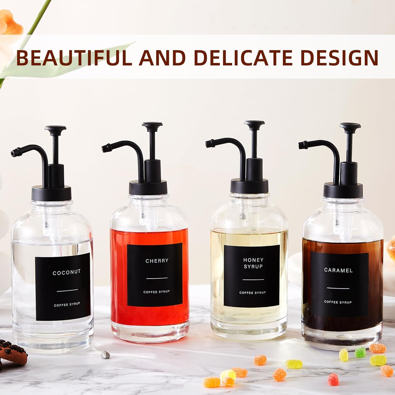 Coffee Syrup Dispensers for Coffee Bar(Set of 4), Coffee Syrup Pump Dispenser for Coffee Bar Accessories, 16.9 Oz Glass Syrup Dispenser with 36 Labels, Coffee Syrup Bottles with Matte Black Pump image number 6