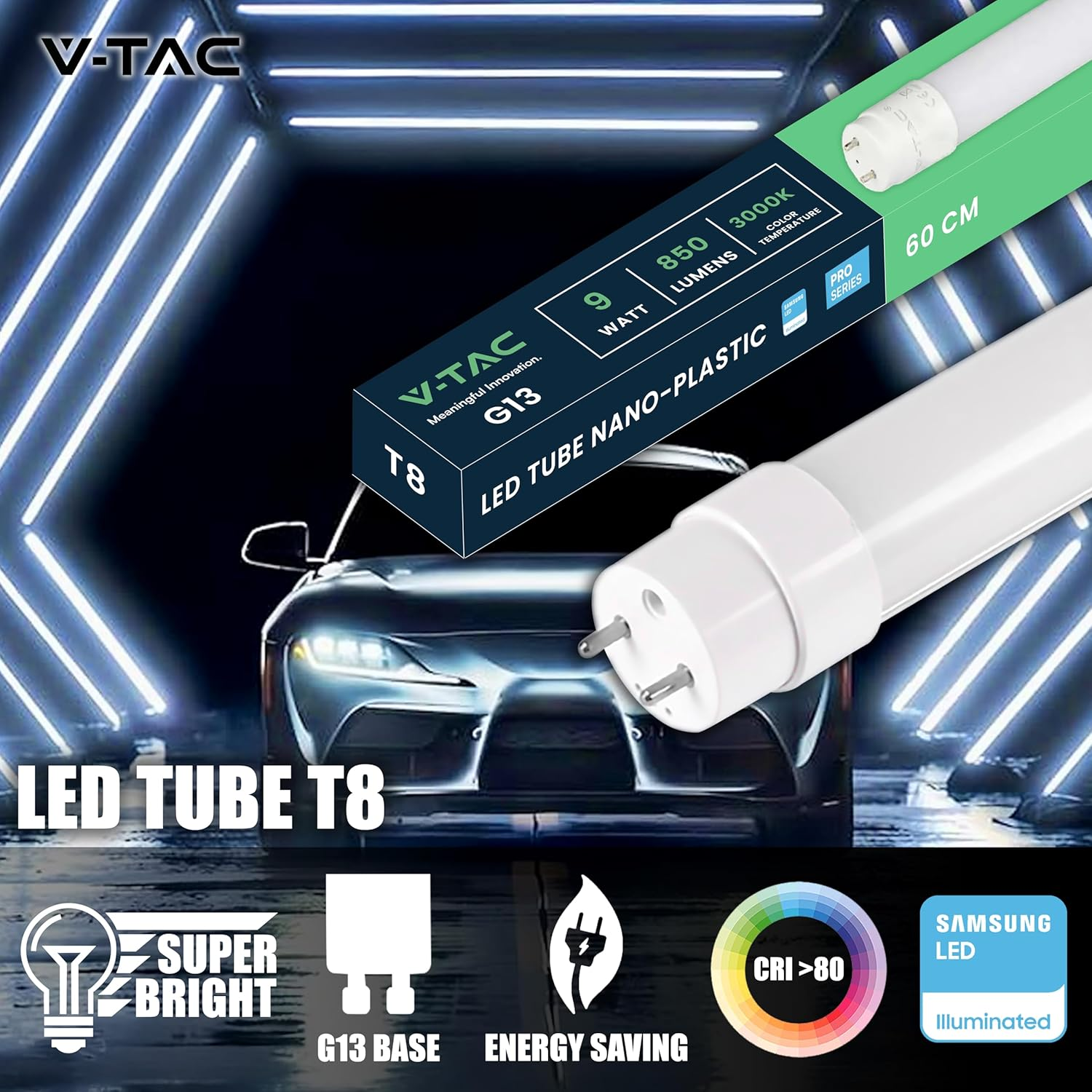 V-TAC 4 X LED Tubes 60 Cm - T8 - G13 Socket 7.5 W - 850 Lumen - Samsung Chip - LED Tubes for Ceiling, Wall, Garage, Shop - T8 Tube - Replacement for Neon Tubes - Light Cool White 6500 K image number 2
