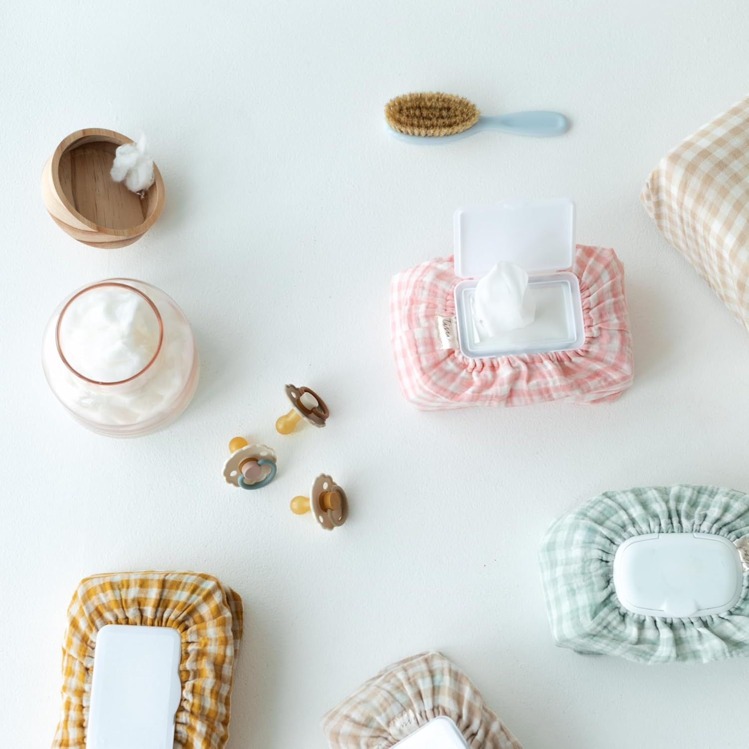 Baby Wipes Cover &ndash; Universal Size, One Size Fits All Wipes Packages | Muslin Cotton Tissue Cover for Nursery, Diaper Bag & Changing Table, Station | Gingham & Neutral Patterns (Beige Gingham) image number 4