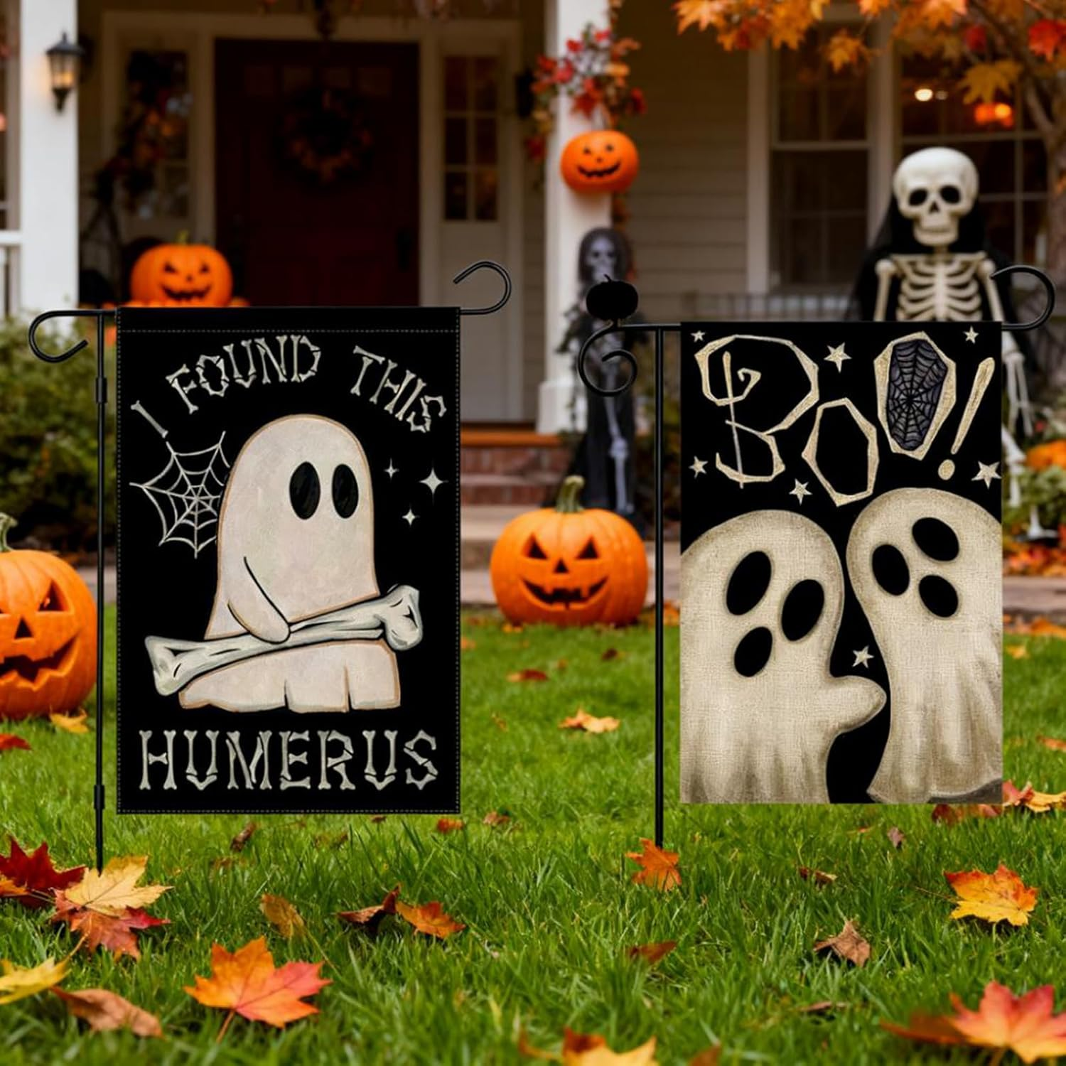2Pcs Happy Halloween Garden Flag, Terrifying Ghost Bone Flag, Funny Ghost Yard Flag, Double-Sided Weatherproof Outdoor Decoration for Holiday Front Porch Patio Courtyard Lawn image number 2